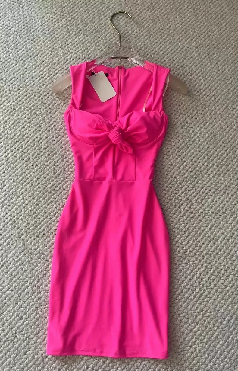 Women Fluorescent Pink Party Dress Square Neck Twisted Slim Fit Wrap Hip Short Dress