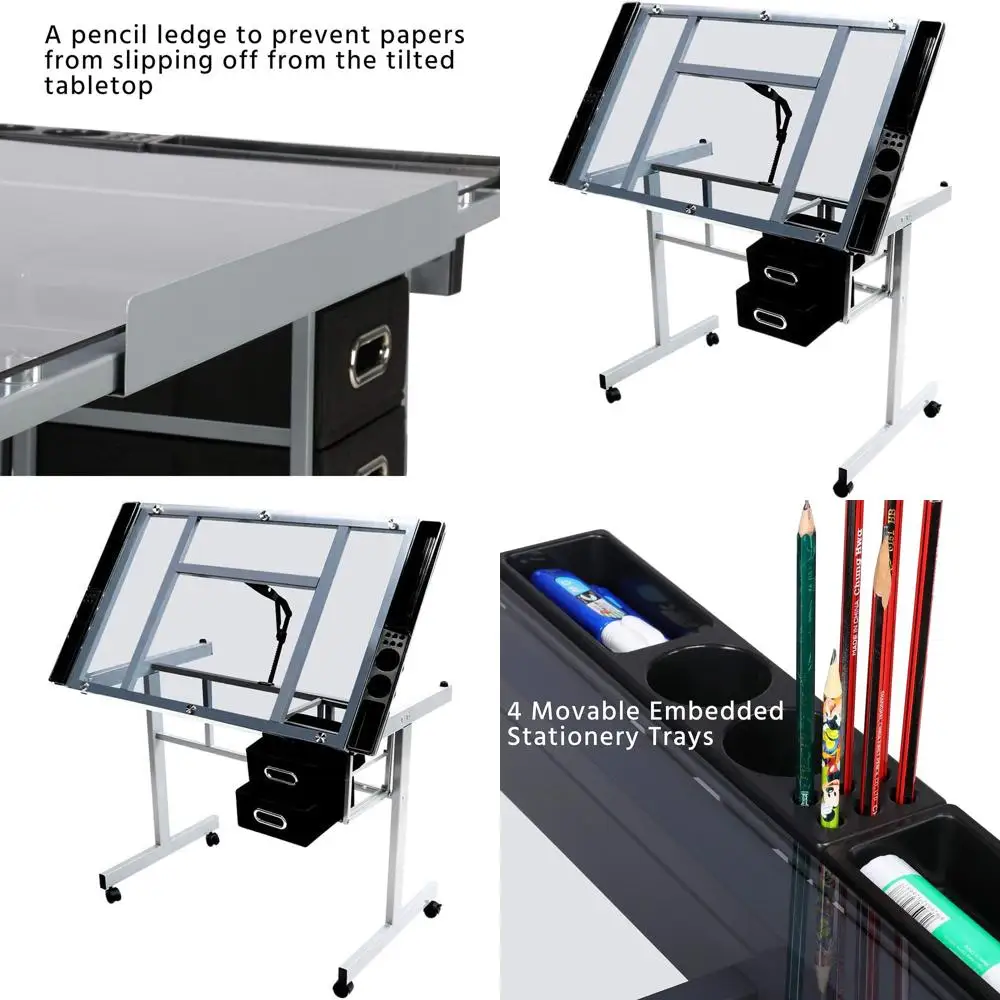 

Стол на колесиках с художественной стеклянной столешницей, 2 ящиками и колесиками для домашнего офиса или школы