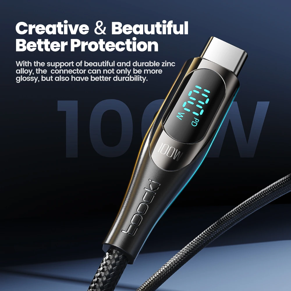 Toocki 100W Dsiplay USB to Type C Cable 6A Fast Charging for Laptop Smasung S23 Huawei P50 Mate 40 Xiaomi Realme USB Data Cord