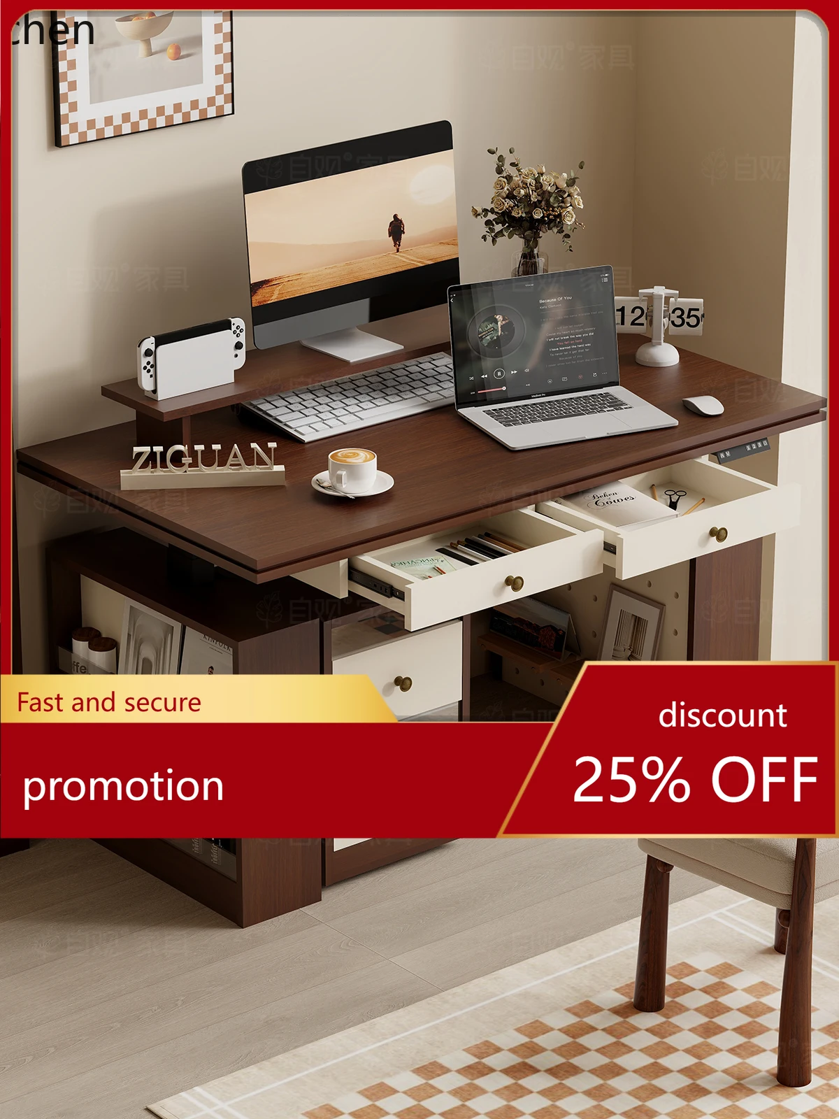 ZML Electric Lifting Desk Multifunctional Standing Office Work Desk with Storage Cabinet