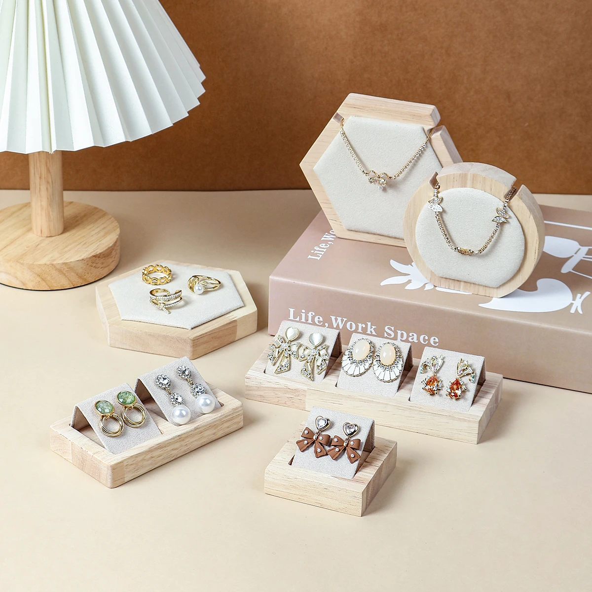 Wood Jewelry Display Rack Pendant Necklace Bracelet Earrings Ring Storage Stand Holder Counter Jewellery Showcase Organizer S