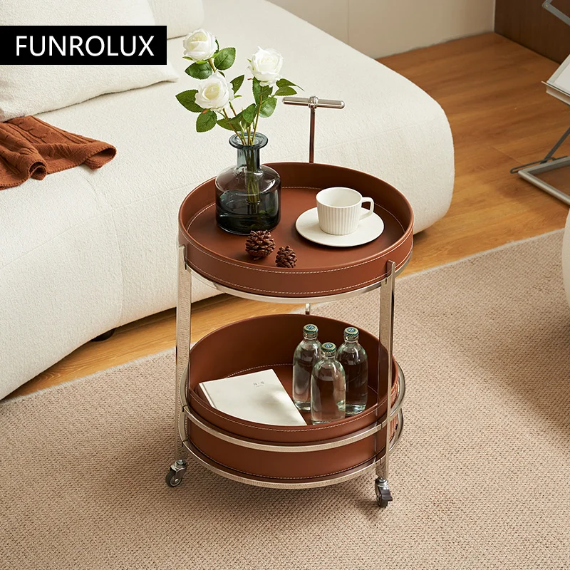 Multifunctional Trolley Hotel Service Cart Two Tier Stainless Steel with Leather Rolling Dining Cart Double Deck Coffee Table