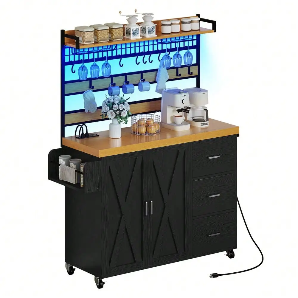 

Large Rolling Kitchen Island Portable Storage Cabinet Baker Rack Cart w/Outlet