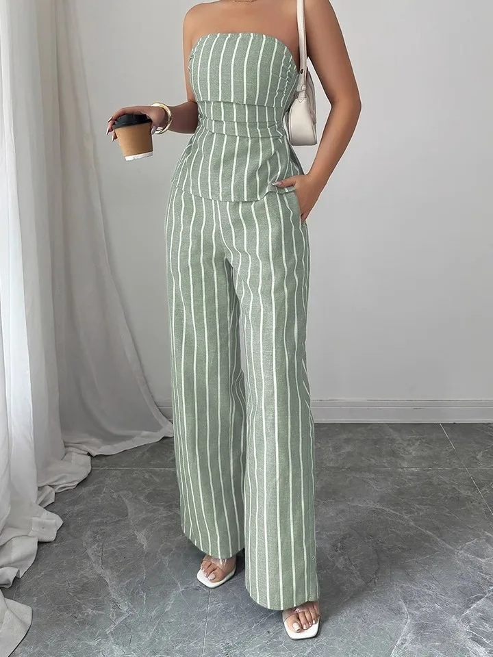 

Casual Strapless Striped Trousers Set High Waist Long Pants Vest Top Two-Piece Suit Summer Fashion Women's Outfit Lightweight