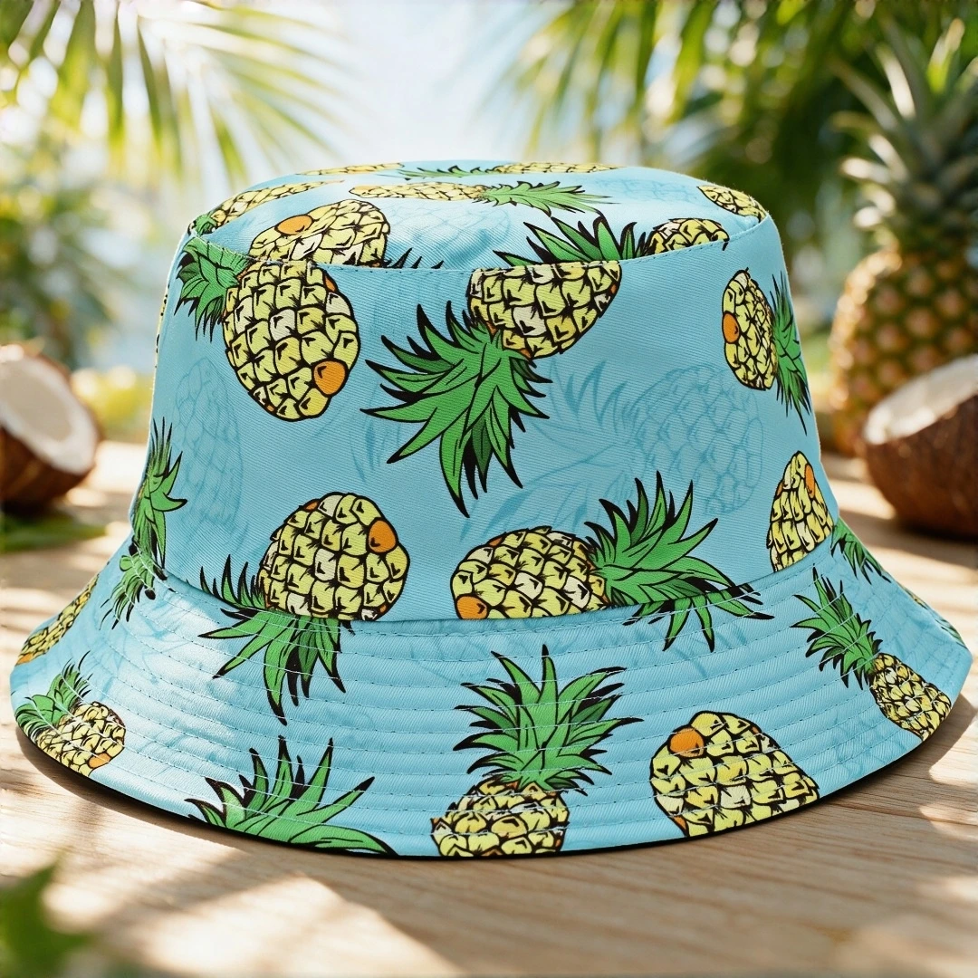 Reversible Pineapple Print Bucket Hat Cool Fruit Pattern Fisherman Cap Foldable Summer Beach Travel Outdoor Protection Sun Hat