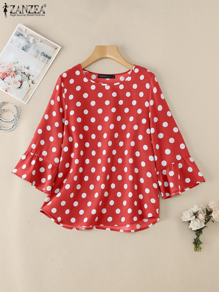 Zanzea 2025 verão bolinhas topos 3/4 manga elegante casual todos os dias blusas mujer sino-mangas viajando o pescoço blusas femininas