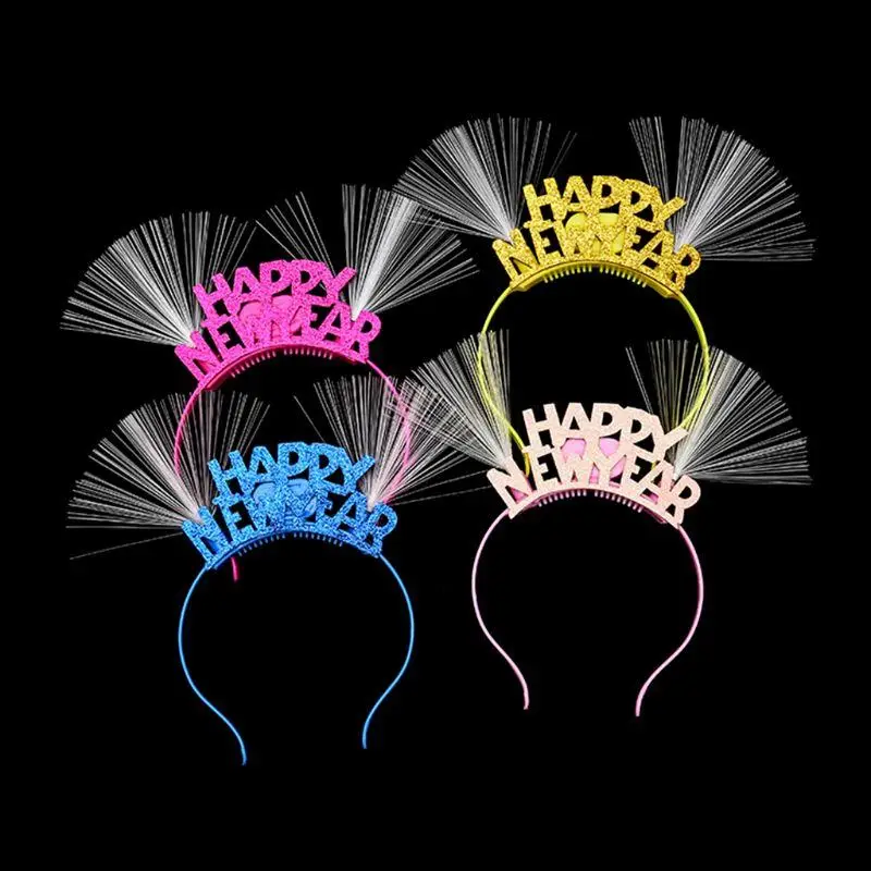 Women Girls Lovely LED Fiber Optic Ear Hair Hoop Glitter Happy New Year Letters