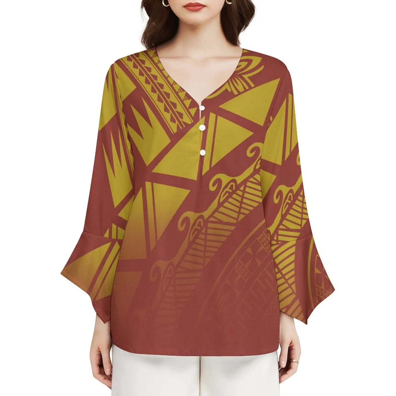 Polynesia New Design Women Custom Fashion V-Neck Petal Sleeve Shirt Autumn New Fashion Not Pick People All The Match