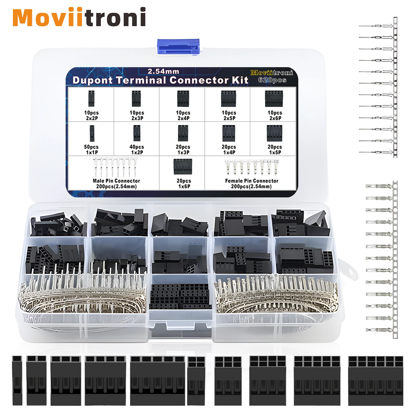 620Pcs Dupont Connector 2.54mm Kit, Pin 2.54mm Pitch Row Cable Jumper Wire Header Housing, Male Female Crimp Pins Terminal Kit