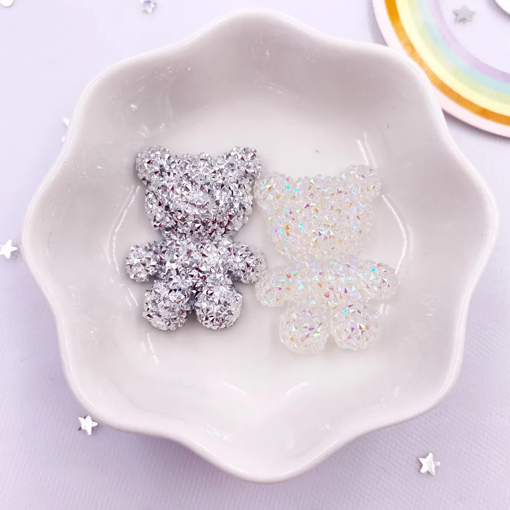 Glitter AB Resin Big Crystal Bear Flatback Rhinestone Figurines 4PCS Scrapbook Ornament Applique Crafts DIY Bow Accessories OC00