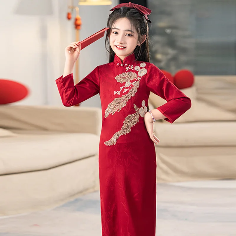 Girls' Red New Chinese Style Cheongsam Little High-end Wedding Flower Girl Dress Spring Children's Guzheng Performance Cost