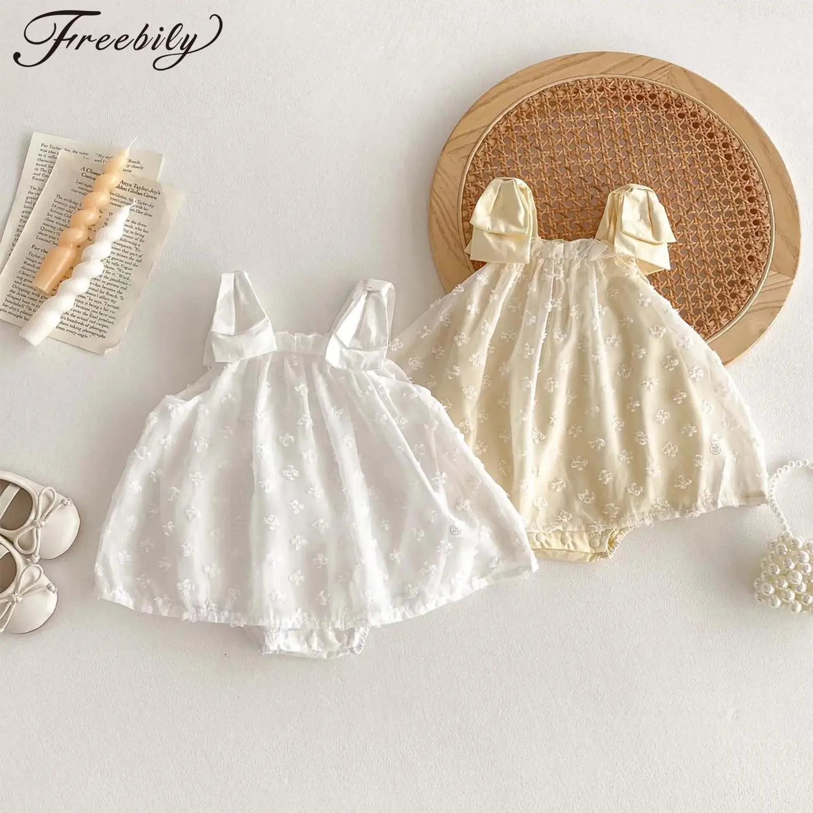 

Baby Girls Little Princess Dress Bow Shoulder Strap Jacquard Weave Tulle Romper Summer Infant Clothes for Wedding Birthday Party