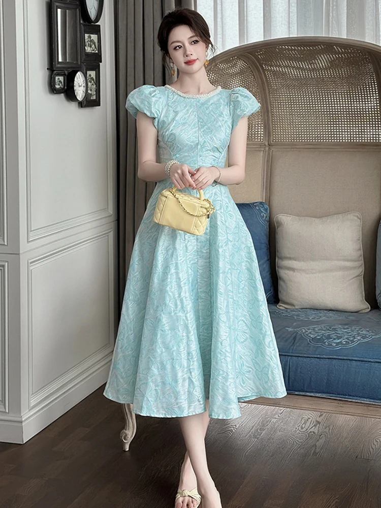 Frauen Kleidung Kleid Abend Süße Jacquard Kurzarm Korsett Schlank A-Line Lange Kleid Elegante Party Prom Vestidos Robe Sommer Neue