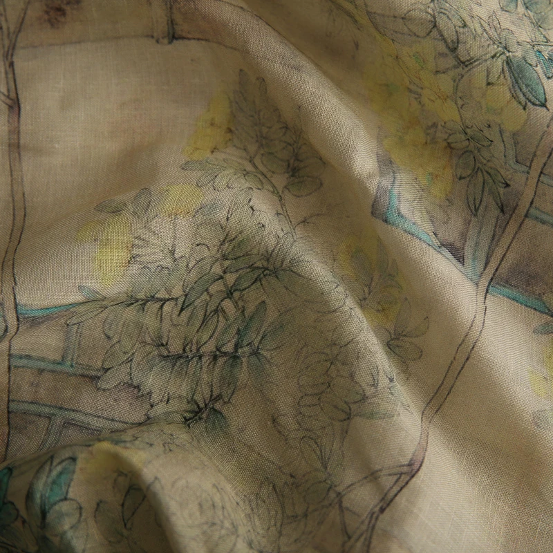 

High quality pure ramie sewing Yellow floral print tela Designer dress cheongsam fabric