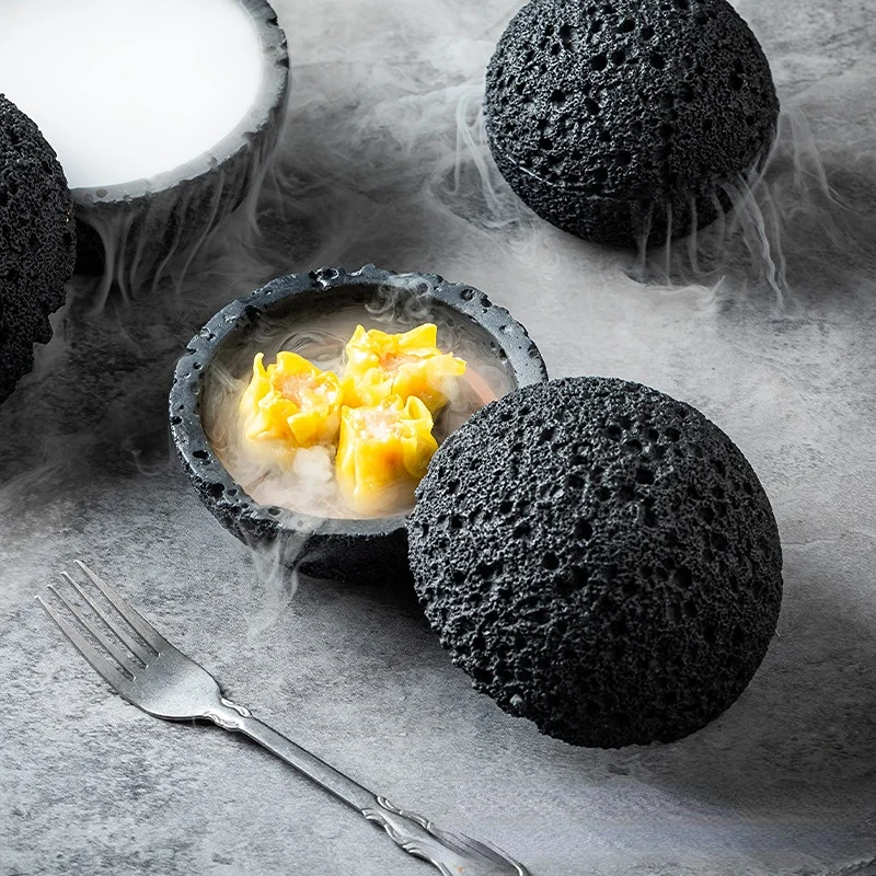 Black Meteorite Bowl Creative Round Planet Bowl Imitation Volcanic Stone Ball Cup Stew Cup Black Tableware Home Kitchen Supplies