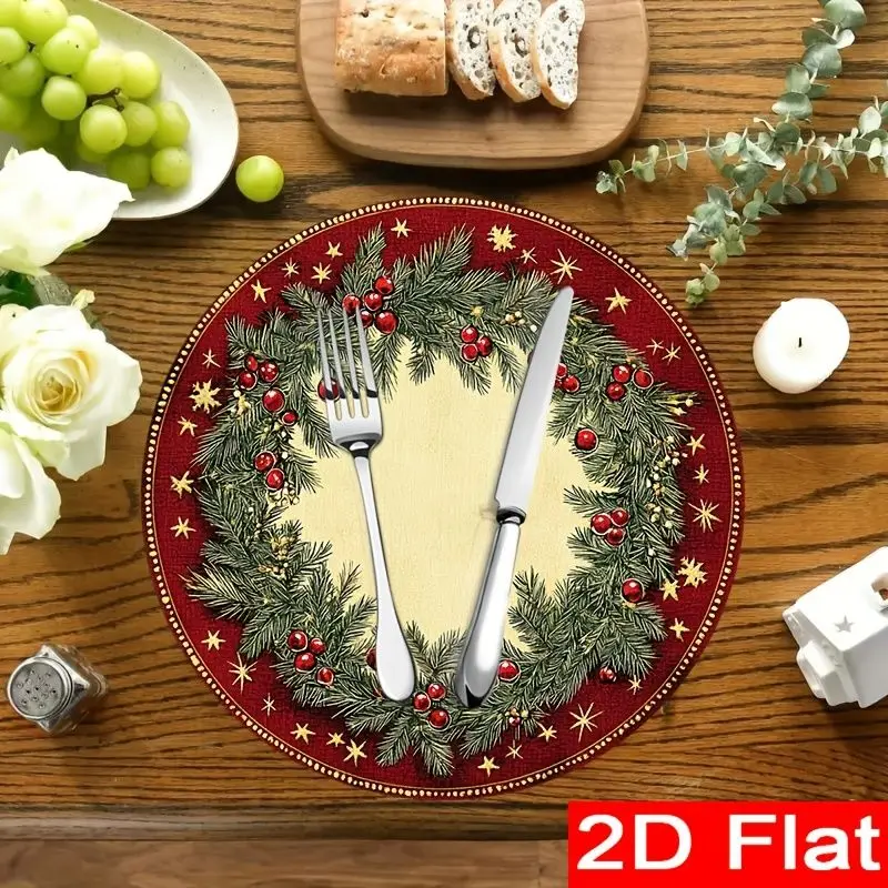 VIKAMA Evergreen Fir Berry Star Round Placemat Scarlet Canvas Conifer Crimson Fruit Gilded Sparkle Border Festive Table Mat Soft