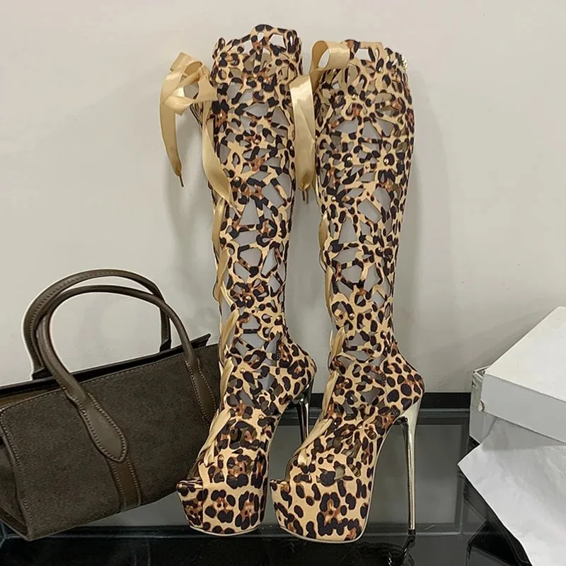 

Leopard Print Hollow Out Knee-High Boots Women Fashion Peep Toe Cross Lace Up Platform Boots Sexy Club Stripper Stiletto Heels