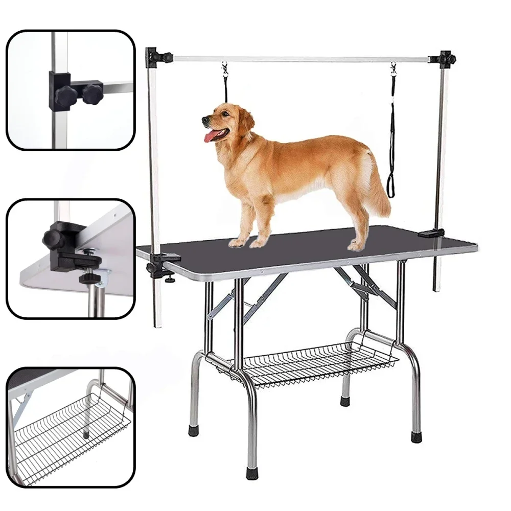 

NEW HIGH QUALITY FOLDING PET GROOMING TABLE STAINLESS LEGS AND ARMS BLACK RUBBER TOP STORAGE BASKET