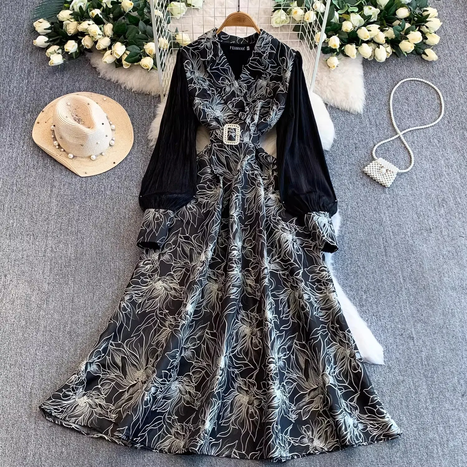 

Runway Jacquard Flower Stitching Long Sleeve Prom Dress For Women Notched Beaded Belt Elegant Chic A-Line Party Out Dress