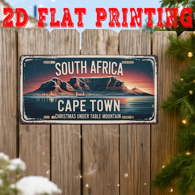 Letrero Metálico de Estilo Placa de Matrícula con Impresión Plana 2D de la Montaña de Table Mountain, Ciudad del Cabo, Sudáfrica, Navidad, Paisaje Sudafricano