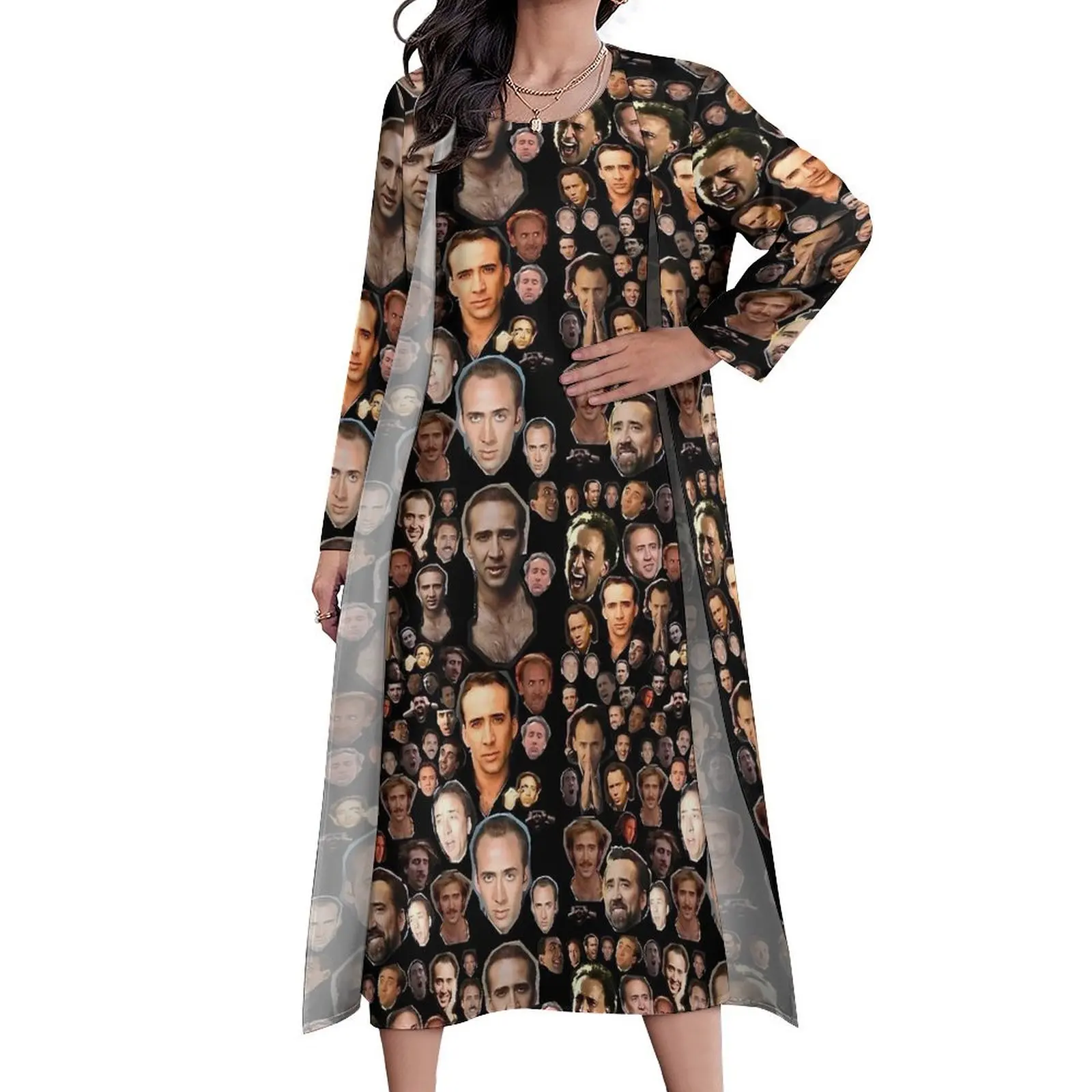 Nicholas Cage Faces Kleid Langarm Street Style Boho Strand Lange Kleider Frau Kawaii Maxikleid Geschenkidee