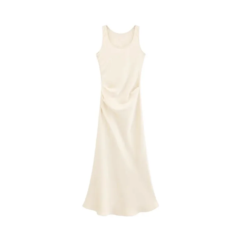 Summer Matte U-Neck Sleeveless Dress Women Waist-Cinching Slimming High-Low Flowy Long Dress Petite Figures Elegant Casual Dress