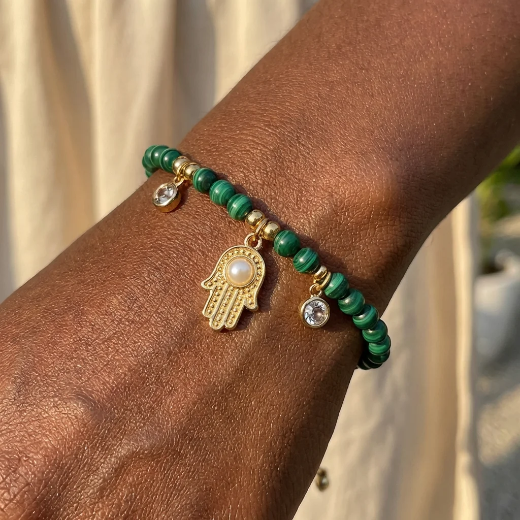 

Boho Stainless Steel Gold Color Hand Zircon Pendant Green Beads Bracelet for Women 18K Gold Plated Handmade Charm Jewelry Gift