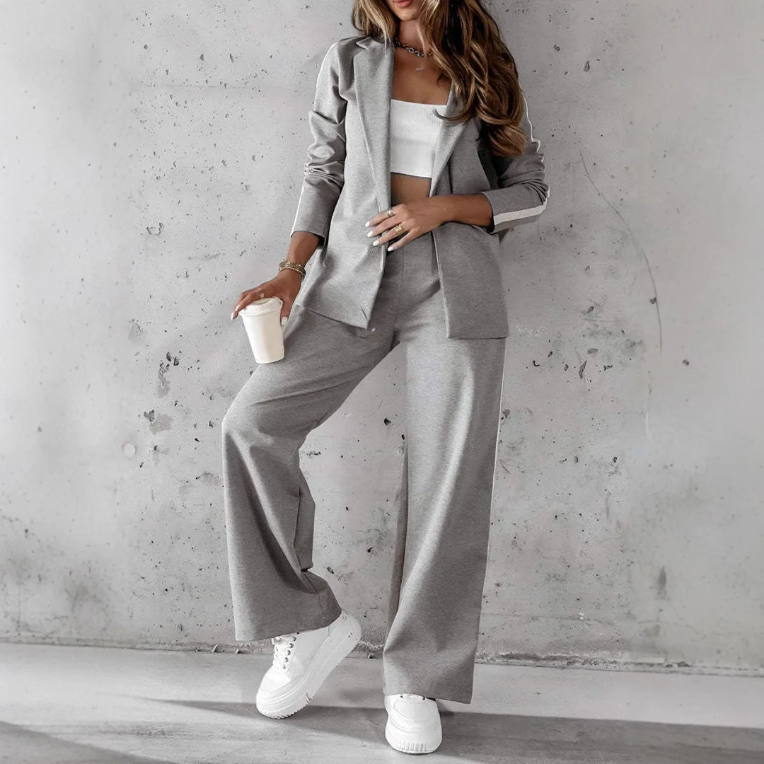 

Women's Casual Lapel Suit Fashion Splicing Stripes Wide Leg Pant Autumn Winter New Female Suit Elegant Office Two-piece Sets