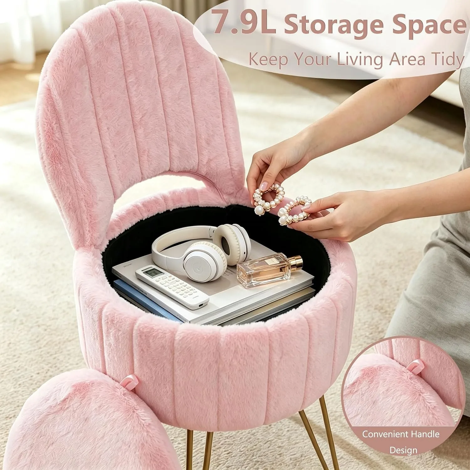 Pink Faux Fur Vanity Stool Chair with 7 Point 9 Liter Hidden Storage Folding Backrest Thick Padded Seat Gold Metal Legs Adjustable Feet 284 LB Capacity Compact Makeup Ottoman Bench for Bedroom Living Room Dorm