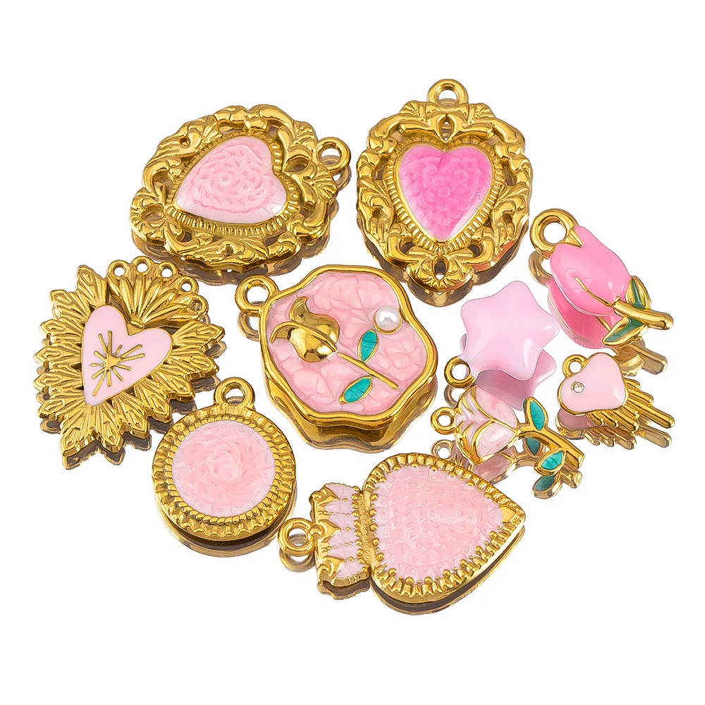 

1pcs Stainless steel oil drip enamel pendant pink peach heart crown tulip pink rose charms For jewelry making