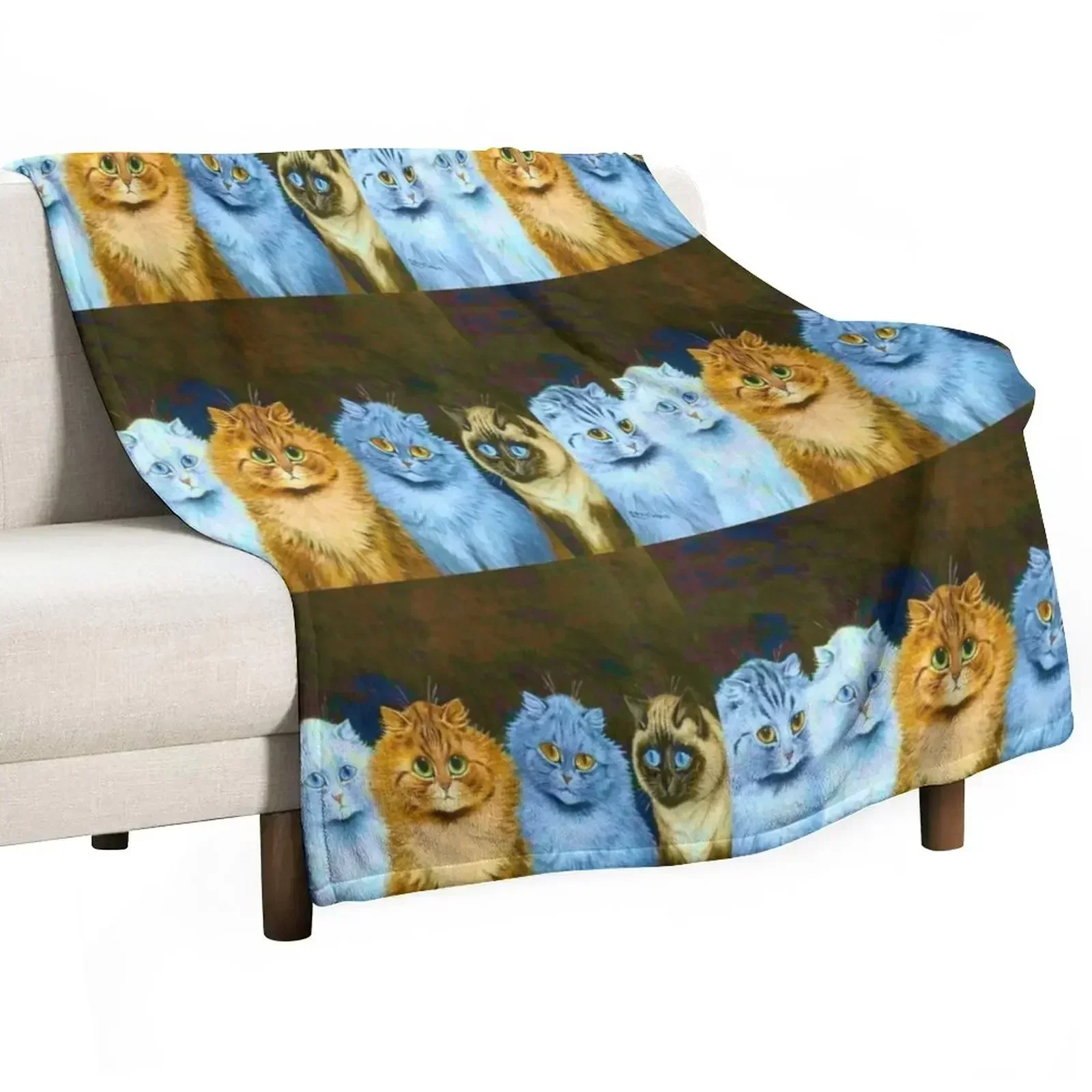 Louis Wain 'Five Big Eyed Cats' Cat Painting Victorian Throw Blanket Cute Plaid Sofa Blankets