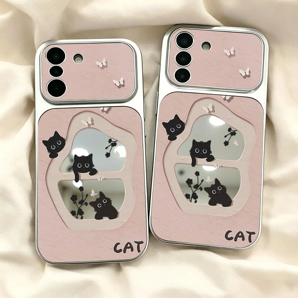 Cute Cat Mirror Case For Samsung A57 A55 A56 A18 A08 A36 A37 A26 A35 A53 A54 A55 A16 A17 S26 S25 S23 Ultra S23 S24 S25 FE Case