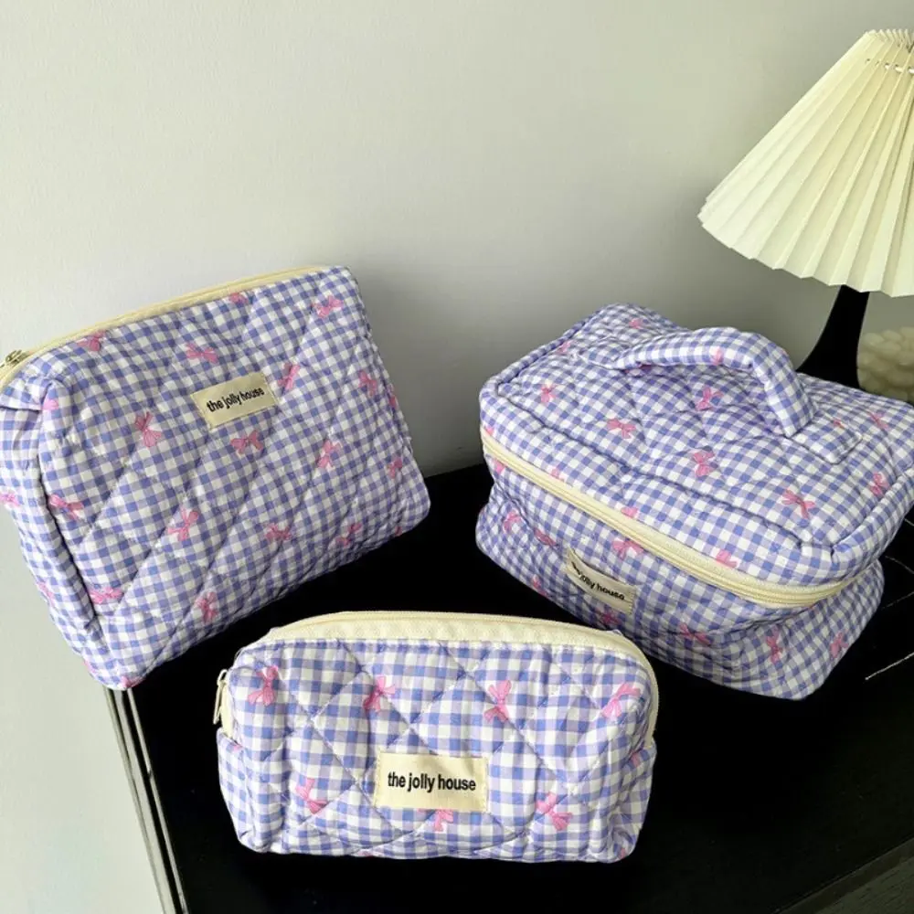 Large Capacity Lattice Cosmetic Bag Korean Style Bow Pattern Cute Storage Bag Colorful with Zipper Portable Makeup Bag Girls