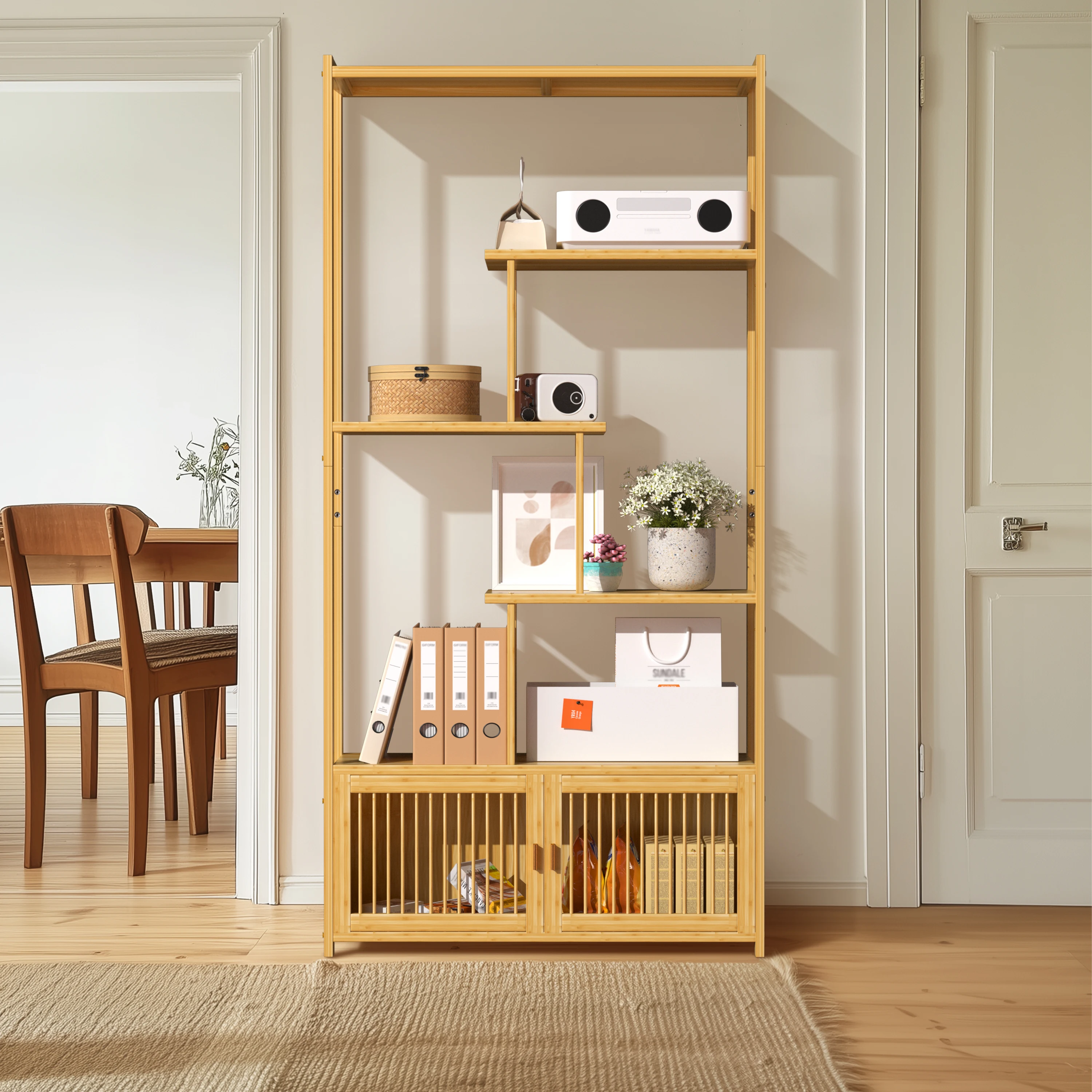 

Bamboo Storage Rack Shelving Unit with High and Low Shelves Bookshelf Plant Stand for Home Organization Shelf