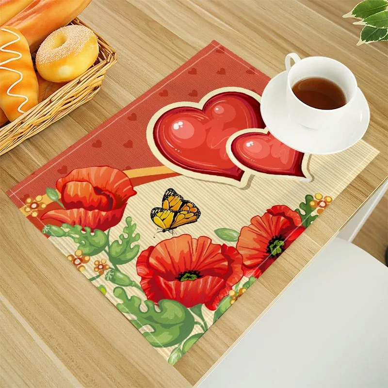 الخشخاش الزهور طباعة الكتان طاولة طعام الحصير الأبجدية المطبخ تحديد الموقع 32X45cm الوقايات منصات وعاء كأس حصيرة