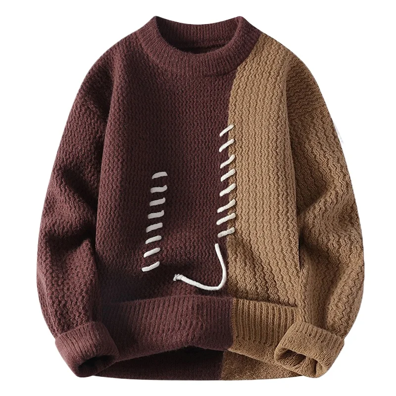 Suéter de punto de bloque de Color Retro para hombre, cuello redondo, ajuste holgado, costuras decorativas, Jersey informal para hombre, prendas de punto