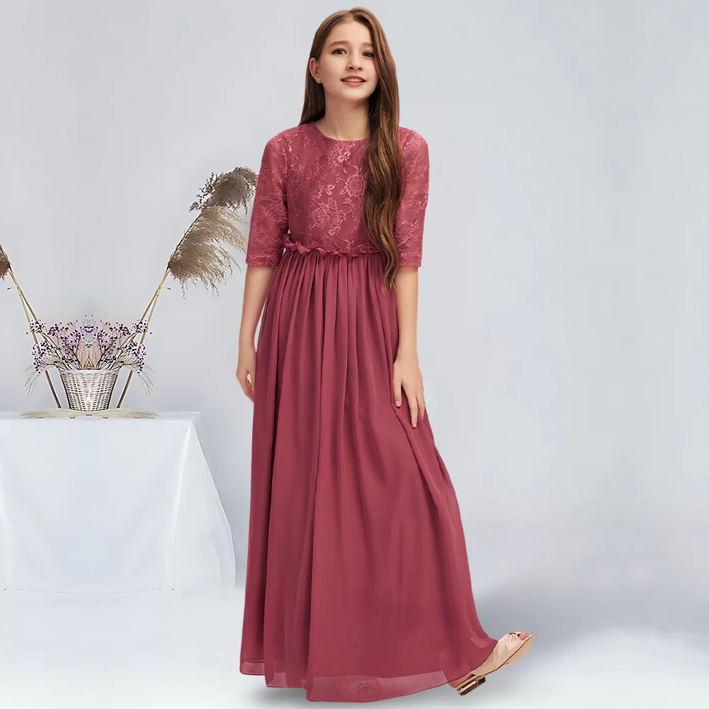 

A-line Scoop Floor-Length Chiffon Junior Bridesmaid Dress With Pleated Cinnamon Rose Flower Girl Dress for Wedding Party Teens