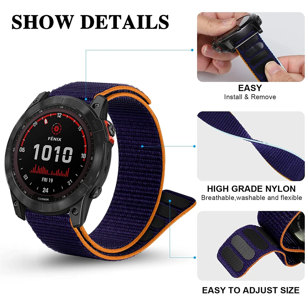 26mm 22mm 20mm Nylon Strap For Garmin Fenix 6 6S/Fenix 7 6X Pro 5X 5S 5 Plus 7X 7S/Forerunner 935 Hook and Loop Quick Dry Band