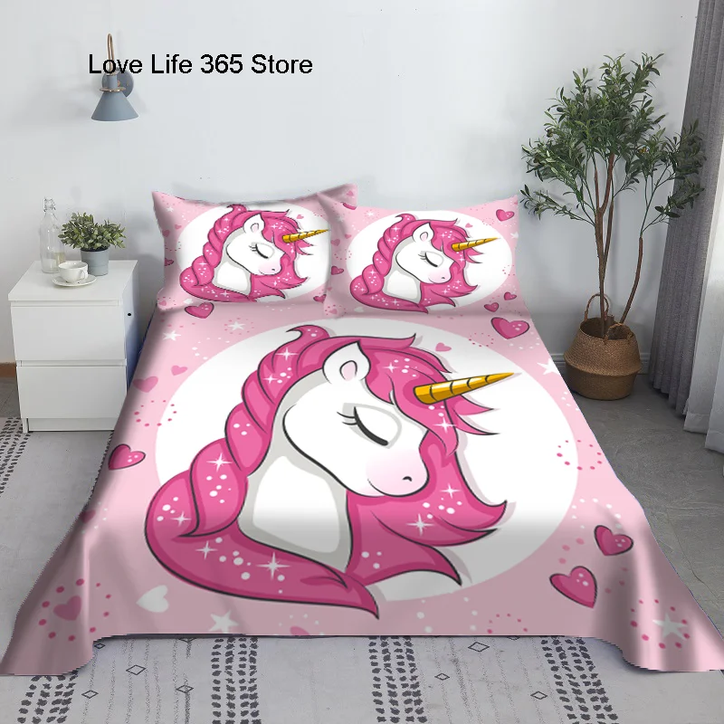 Pink Unicorn Sheet 3D Printed Cartoon Polyester Bed Flat Cover With Pillowcase Kids Girls Children Bedding Gift