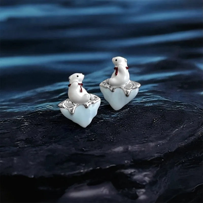 Original Polar Bear Environmentalism Earrings Women Cute Fun Designer Niche Silver Needle Glacier Melting Studs