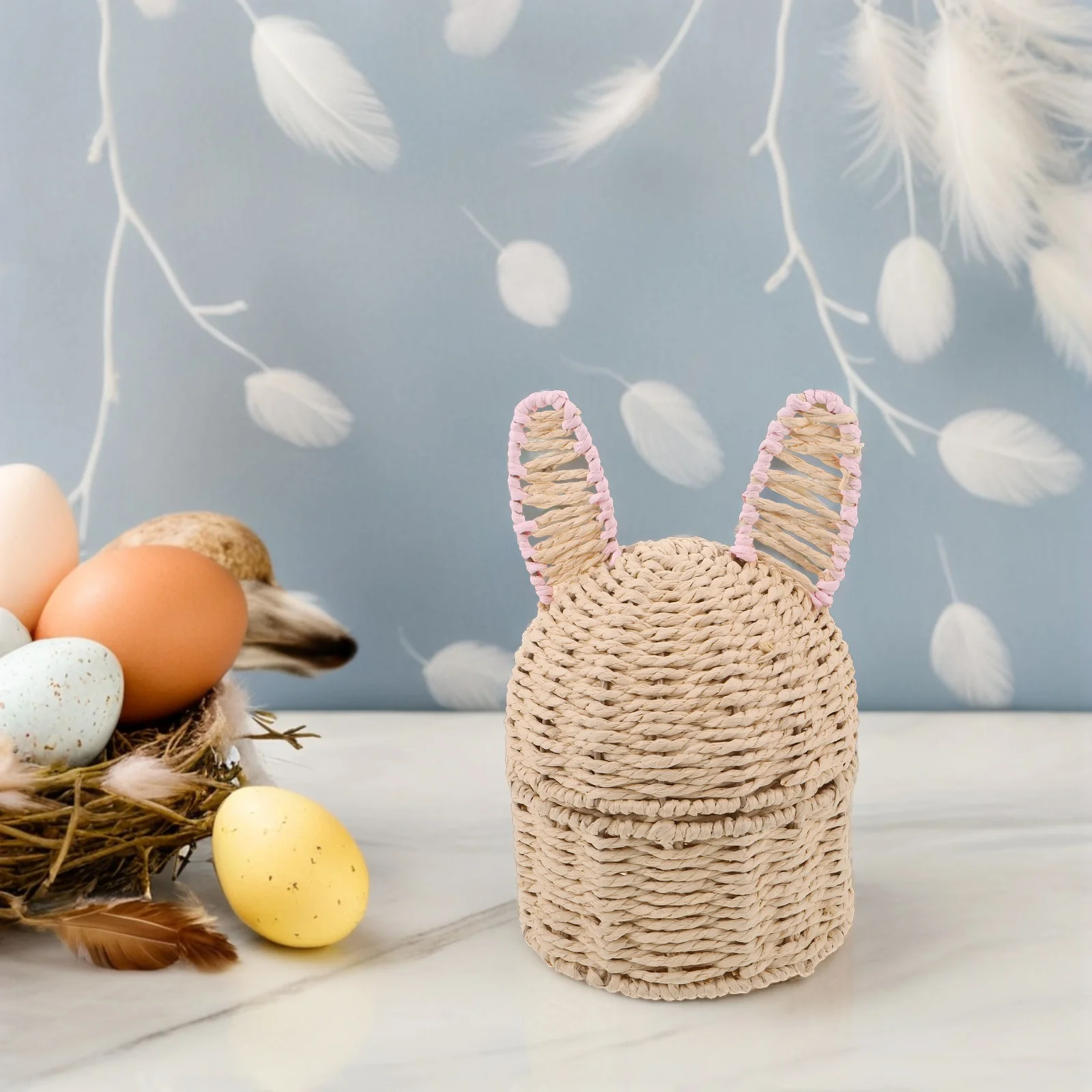 

Handmade Wicker Bunny Ear Easter Basket with Handle Pink Rustic Decorative Organizer Bin for Kids Egg Hunting Candy Storage