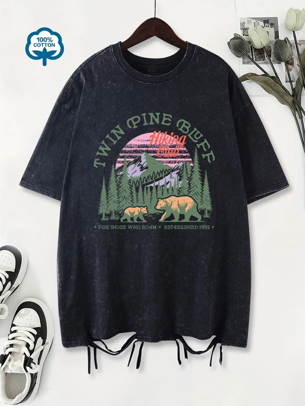 

Oversized Washed T-Shirts Womens Cotton Twin Pine Bluff Hiking Club Prints T Shirt Summer Comfortable O-Neck Tops Y2K Clothes