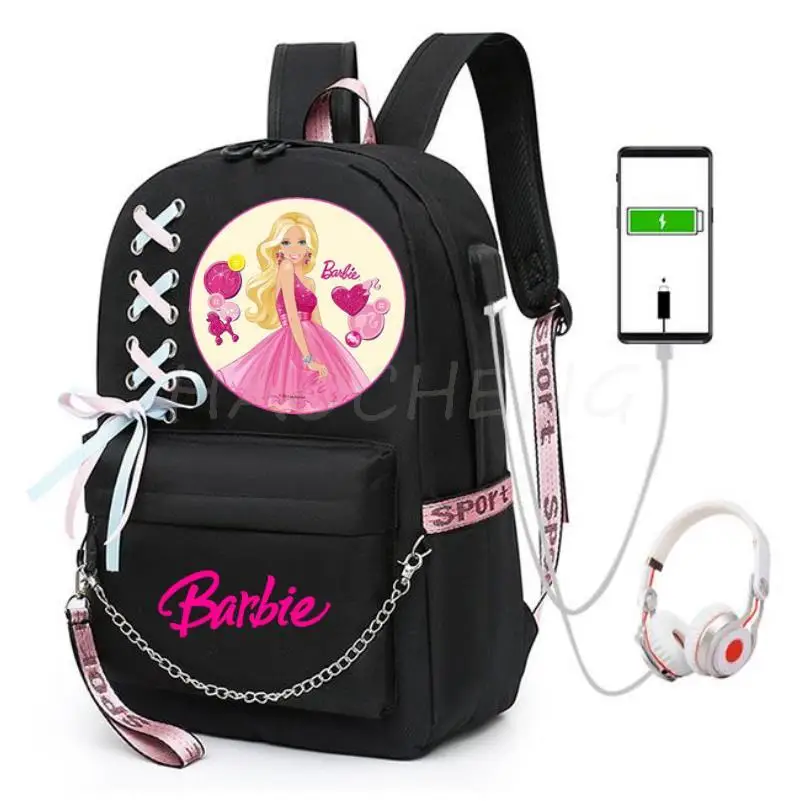 Backpacks Barbie the movie Casual Women&Men Large Capacity Student School Bags Teenager USB Laptop Travel Mochila With Ribbon