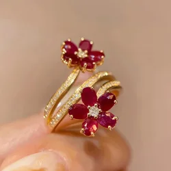 Stylish Delicate Flower Red Color Set Zirconia Ring for Women's Elegant Temperament Vintage Trend Party Jewelry Accessory