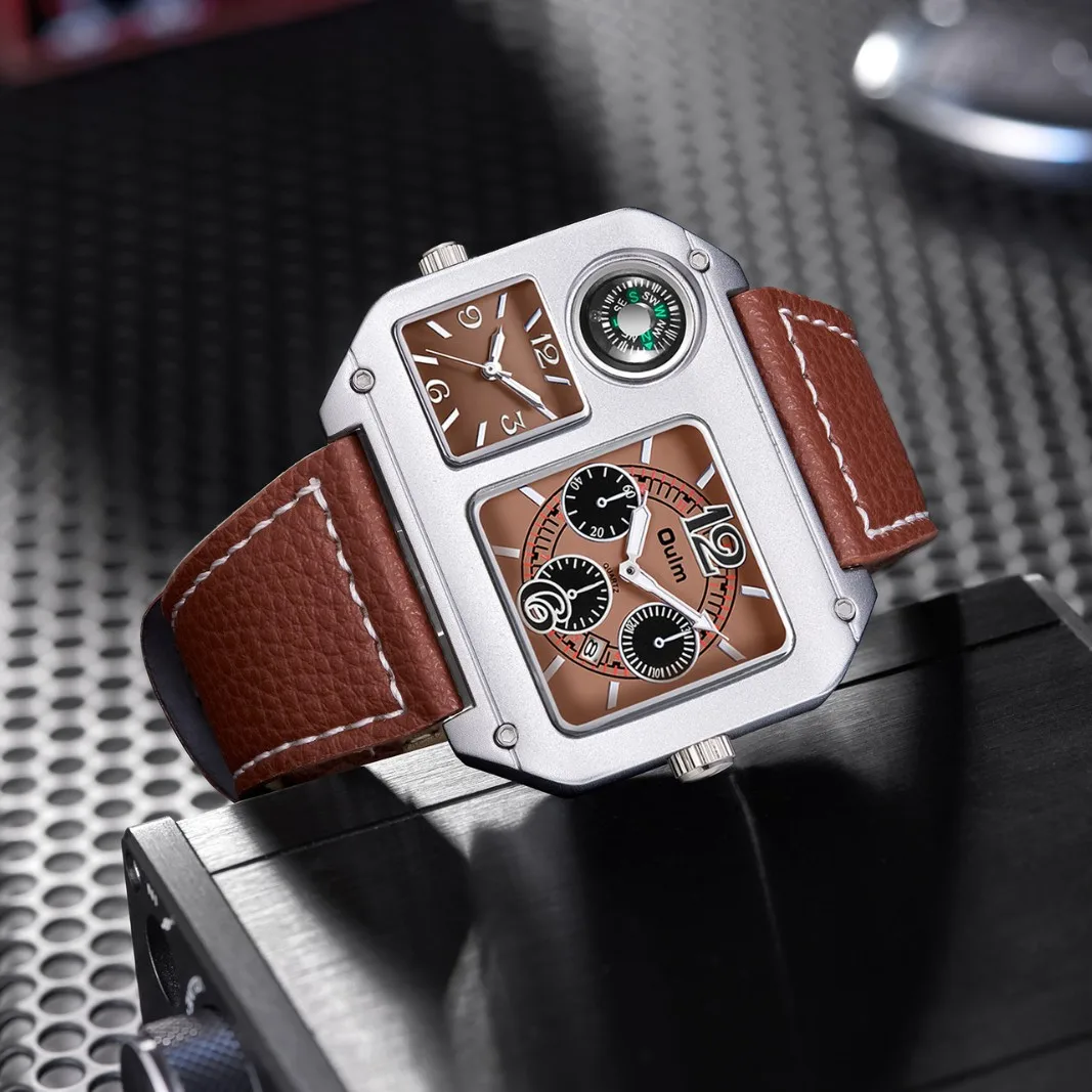 Montre carrée pour homme, montre à quartz à double fuseau horaire avec boussole, bracelet en cuir, montre de sport décontractée pour homme, montre de mode étanche, montre à grand cadran unique, cadeau pour père, mari, petit ami, montre pour la randonnée et le camping en plein air, montre d'affaires de luxe, à porter au quotidien