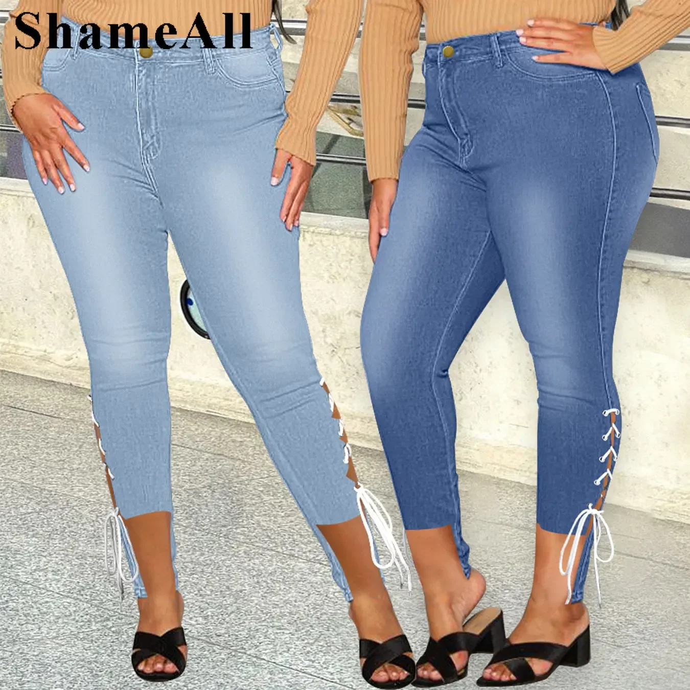 Taglie forti Nappa Patchwork Vintage Elastico Skinny Lunghezza al ginocchio Distressed Mamma Jeans Calzoni Denim Jeggings Pantalone Leggings Capris