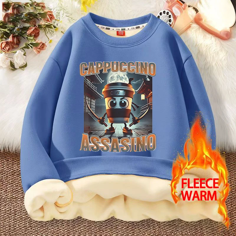 Italian Brainrot Animal Round-neck Sweatshirt Cappuccino Assassino Lamb Fleece Pullover Hoodies Sahur Anime Cartoons Clothes Top