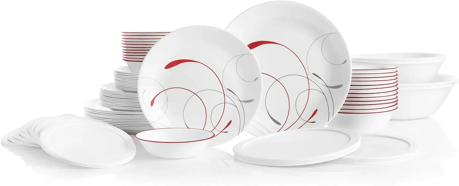 

78-Piece Service for 12 Dinnerware Set, Triple Layer Glass and Chip Resistant, Lightweight Round Plates and Bowls Set, Splendor