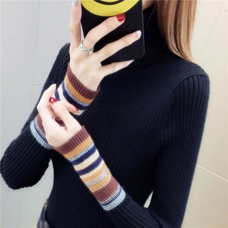 

Autumn Winter New Slim Knitting Bottoming Shirt Contrast Youth All-match Vintage Pullovers Sweaters Fashion Trend Women Clothing