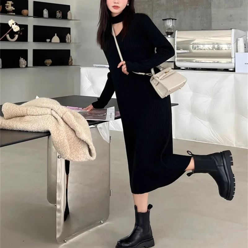 Vestido solto de malha para mulheres, roupas de manga comprida, decote em v, camada baixa pequena, estilo urbano, outono e inverno, E2587